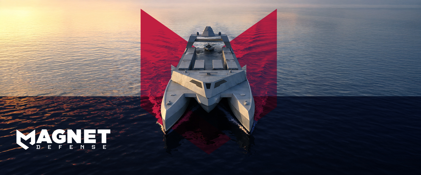 Magnet Defense LLC Autonomous Magnet Defense unmanned surface vessel (M68) underway at sea, overlaid with the Magnet Defense logo, representing AI-enabled maritime platforms for national security operations.